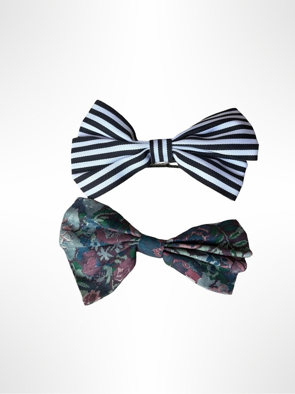 Striped Black & White and Floral Green Hair Bow Barrette Set